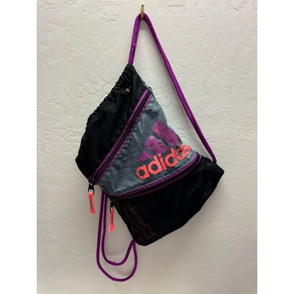 Adidas Purple Drawstring Bag‎ With Zipper Pocket Logo Straps Gym Training - Picture 1 of 6